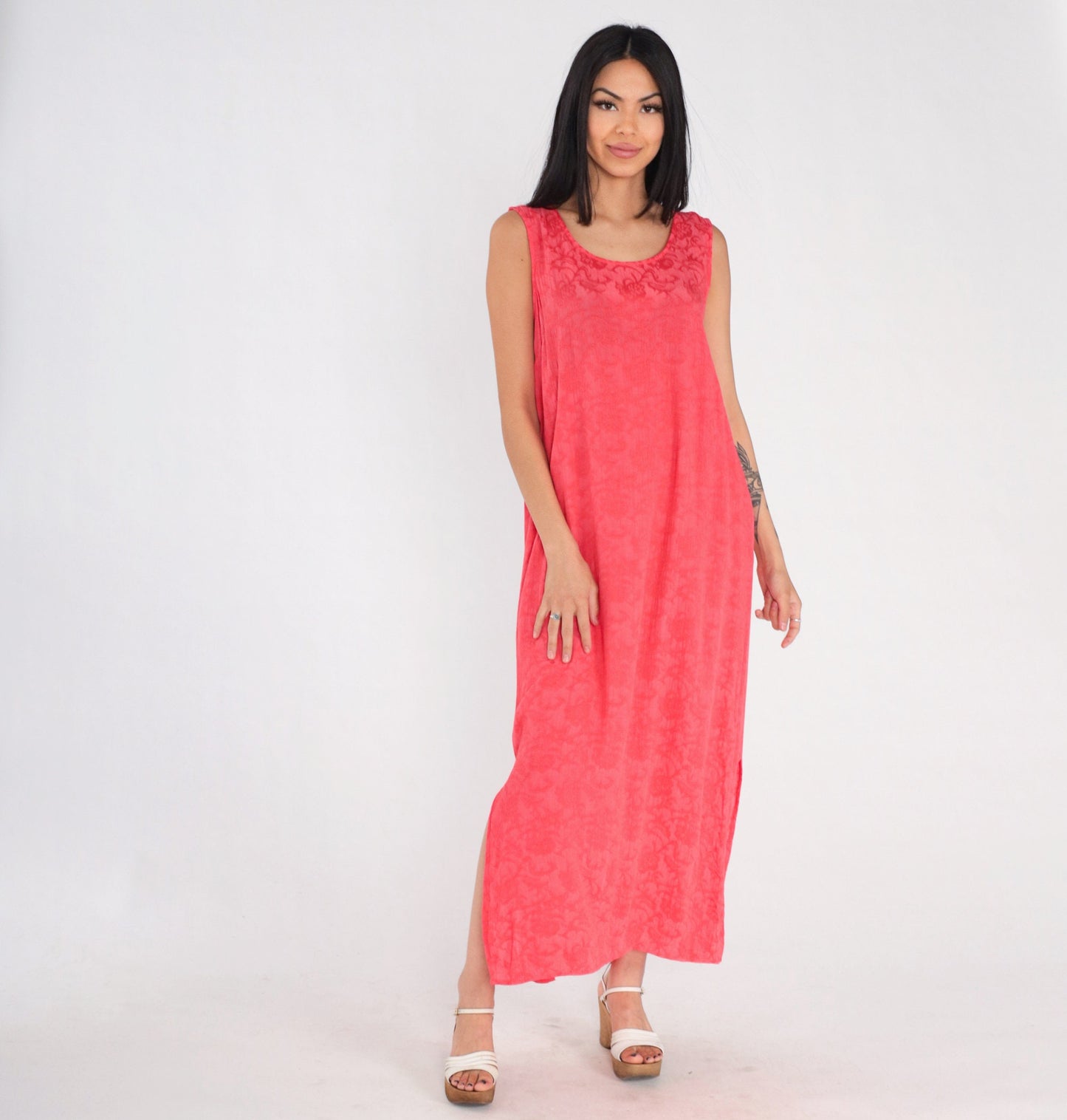 90s Pink Floral Embossed Maxi Dress Sleeveless Side Slit Shift Large 12