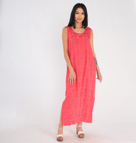 90s Pink Floral Embossed Maxi Dress Sleeveless Side Slit Shift Large 12