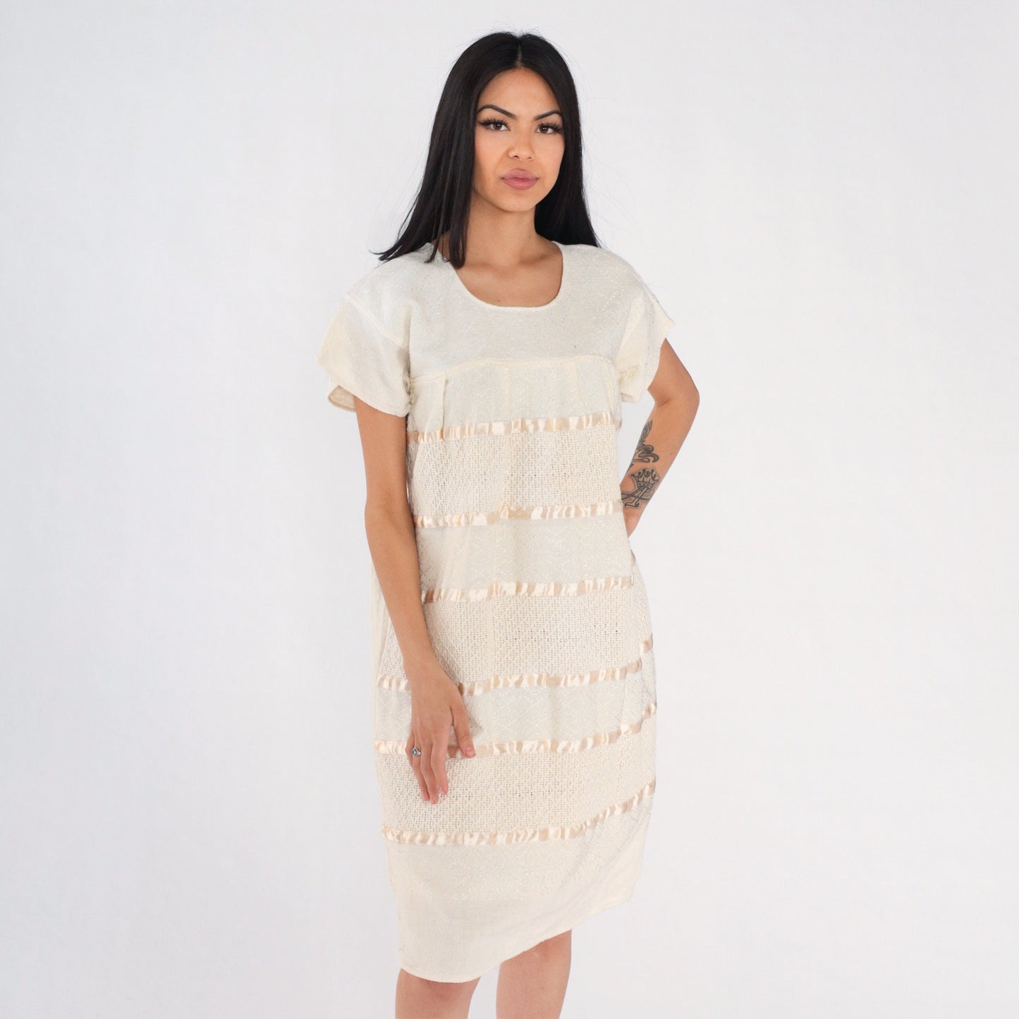 90s Cream Cotton Woven Midi Dress Cap Sleeve Tiered Medium Large