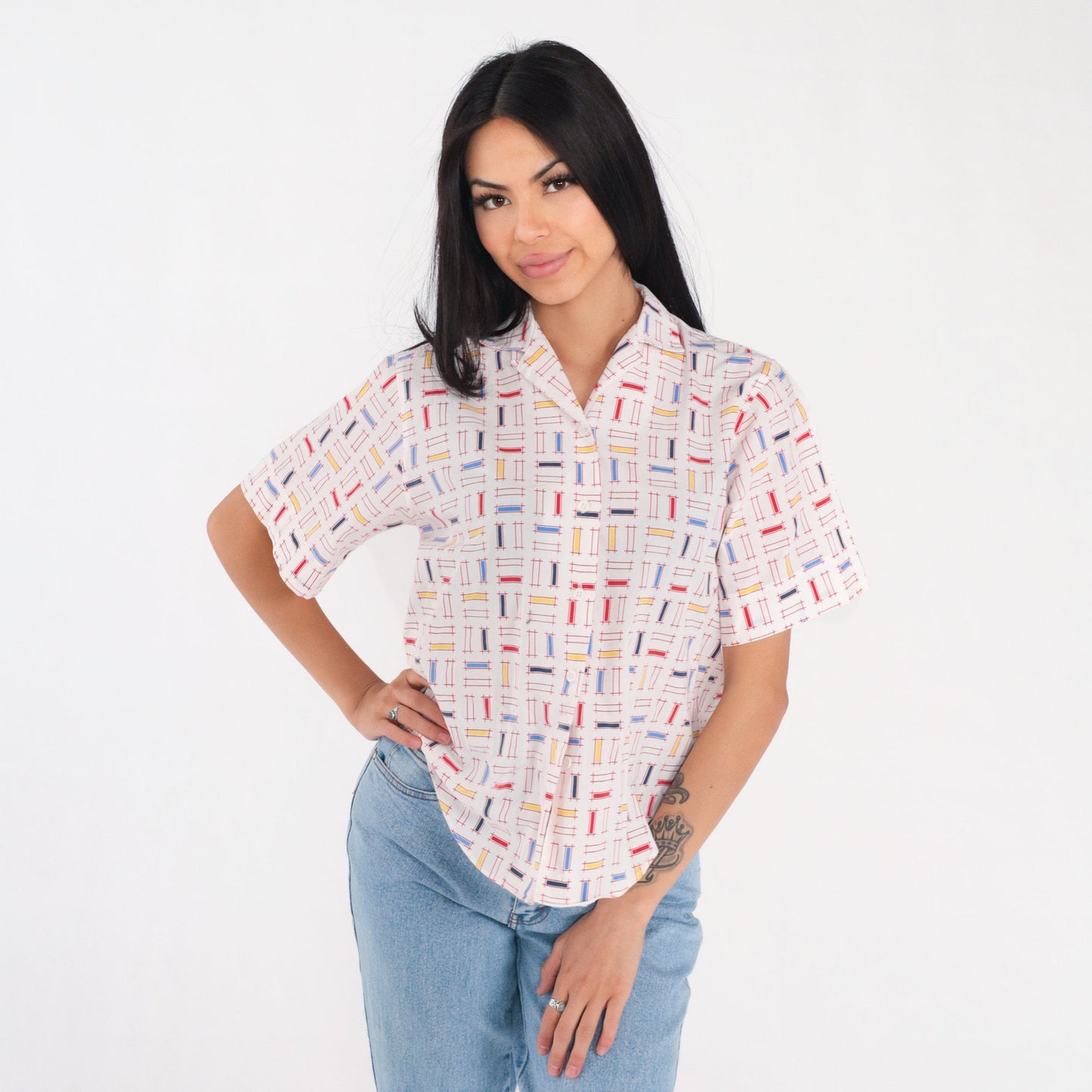 90s White Button Up Blouse Multicolor Geometric Lattice Print Short Sleeve Small