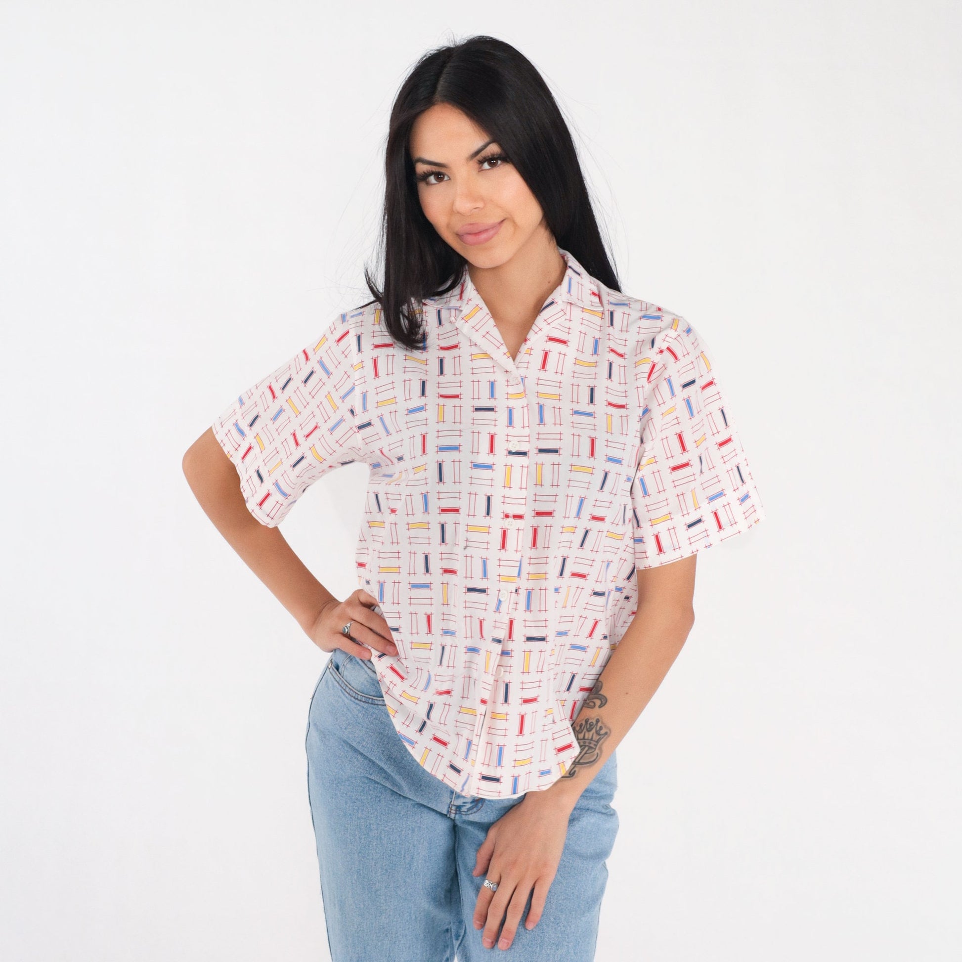 90s White Button Up Blouse Multicolor Geometric Lattice Print Short Sleeve Small