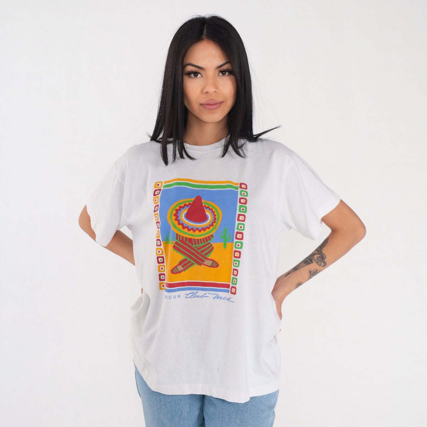 90s Cancun Club Med Graphic T-Shirt Sombrero Cactus Single Stitch XL