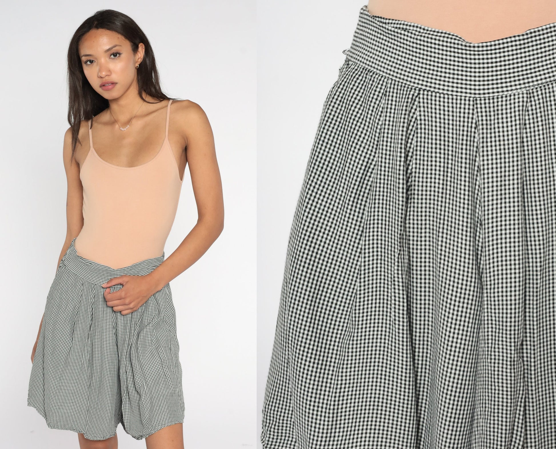 90s Black White Gingham Pleated Culottes High Waist Wide Leg Shorts Large