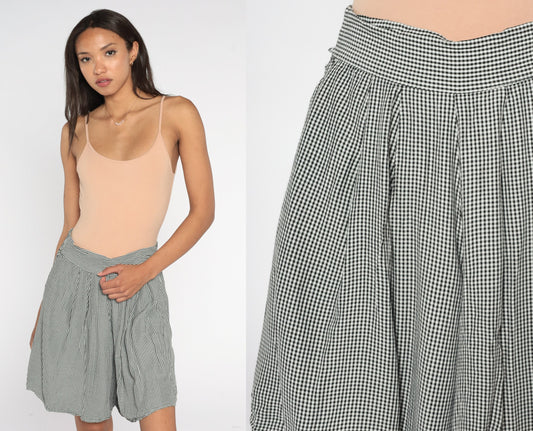 90s Black White Gingham Pleated Culottes High Waist Wide Leg Shorts Large