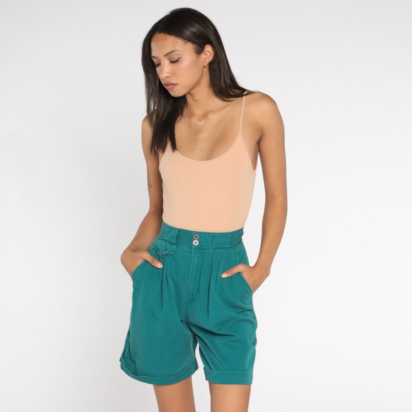 90s Great Land Apparel Green Pleated High-Waist Shorts Cotton Extra Small