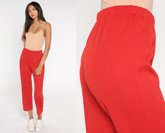 70s Red Straight Leg Pull-On Trousers Elastic Waist Extra Small
