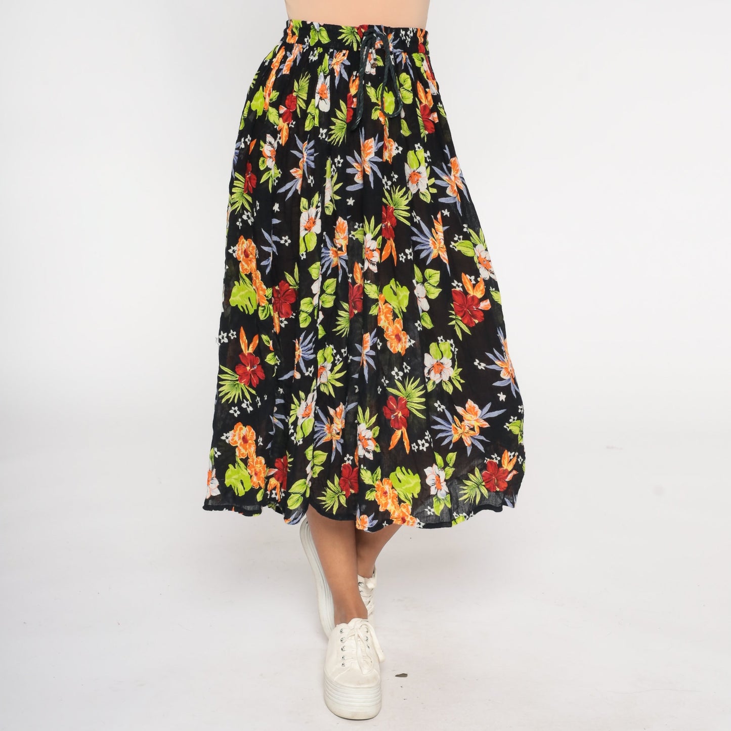 00s Floral Broomstick Midi Skirt Black Tropical Gauze Drawstring One Size