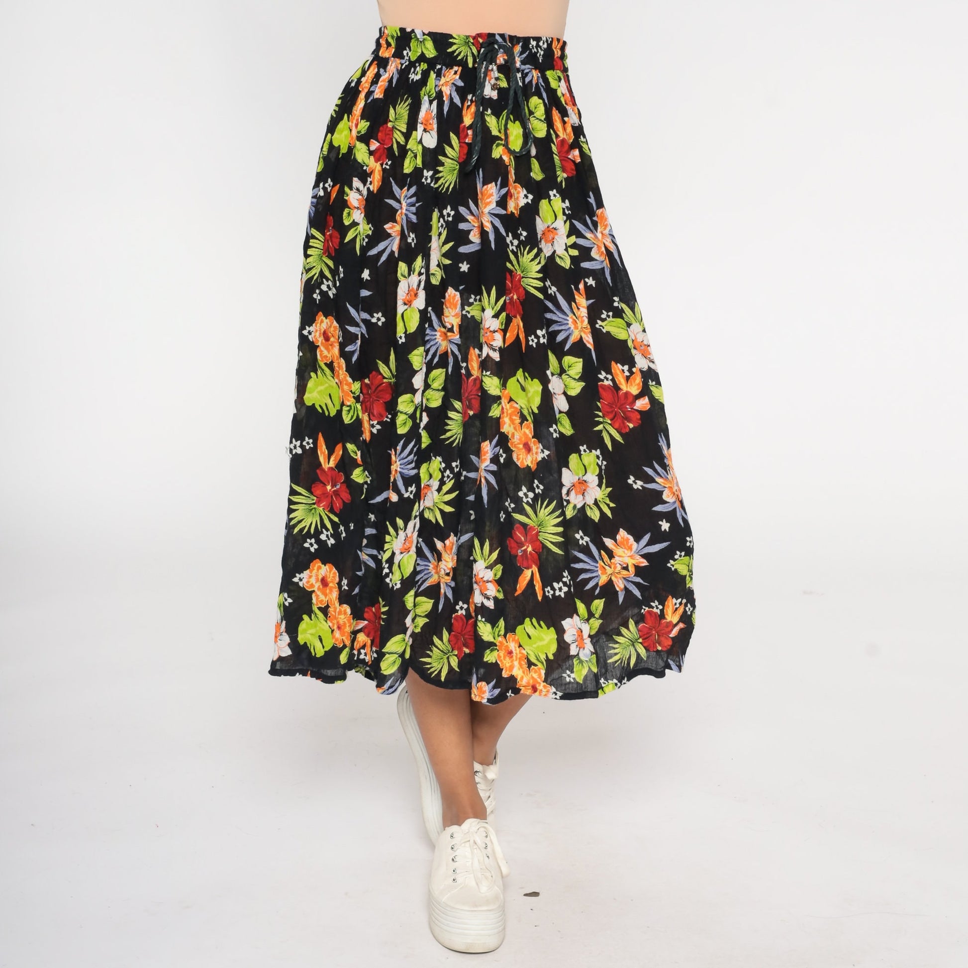 00s Floral Broomstick Midi Skirt Black Tropical Gauze Drawstring One Size