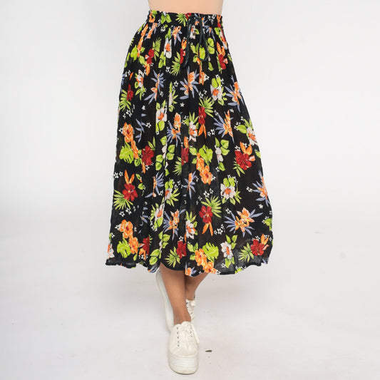 00s Floral Broomstick Midi Skirt Black Tropical Gauze Drawstring One Size