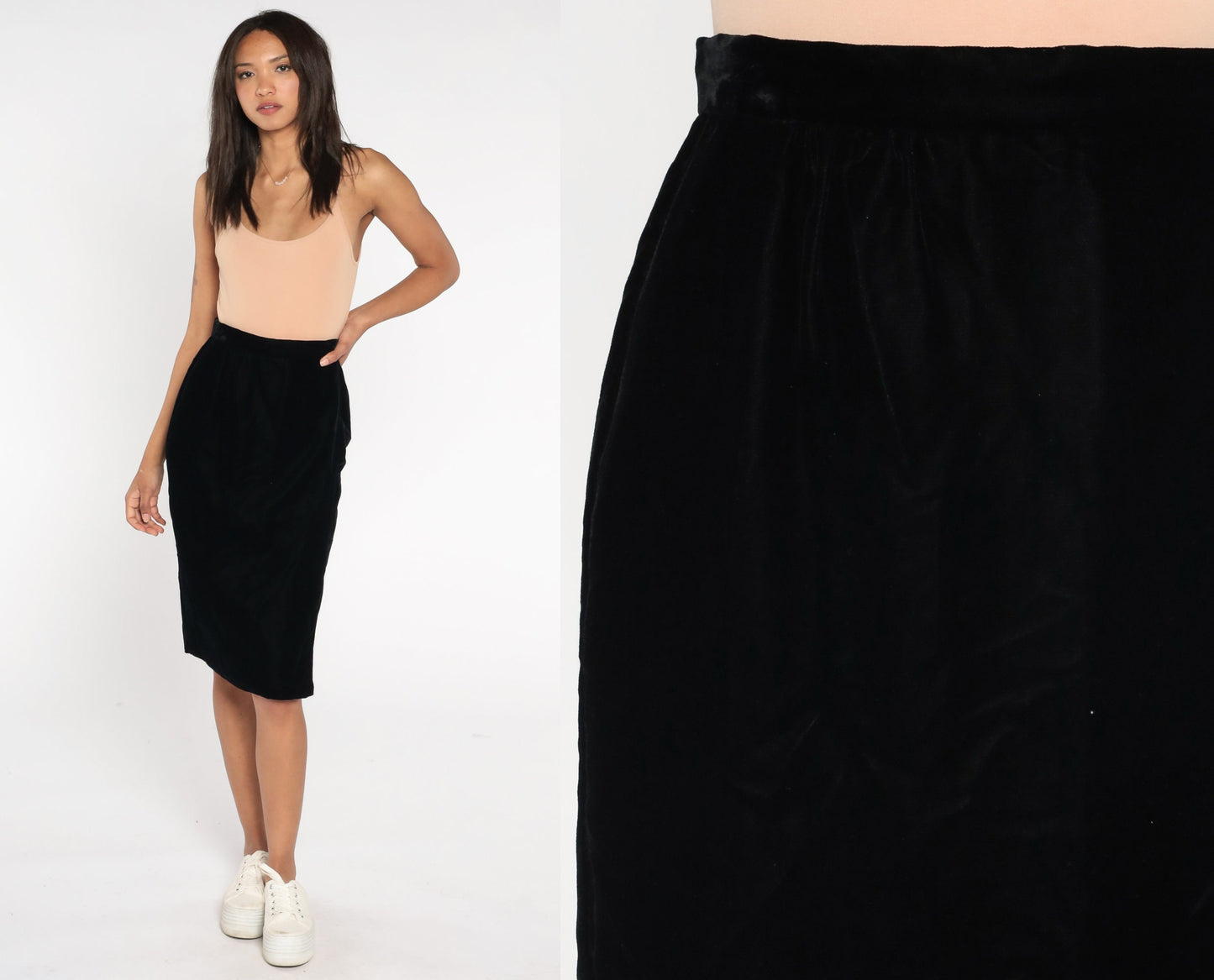 90s Black Velvet Midi Pencil Skirt High Waist Small