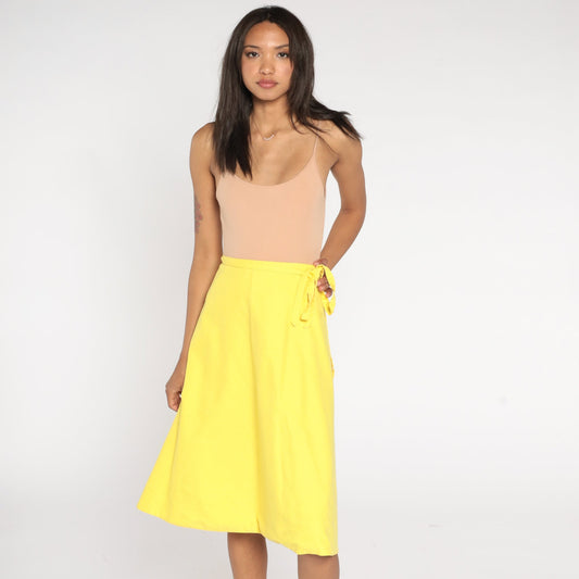 80s Yellow Wrap Skirt High Waisted Midi Cotton Blend Medium 8