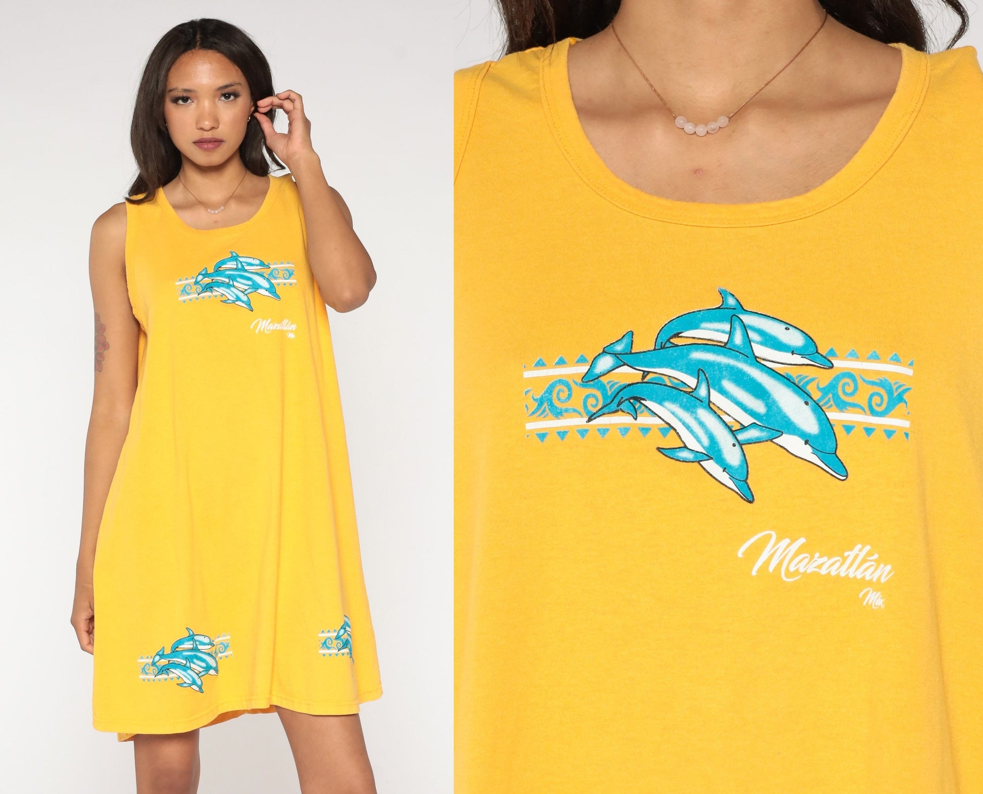 90s Mazatlan Dolphin Tank Dress Yellow Shift Mini Coverup Medium Large