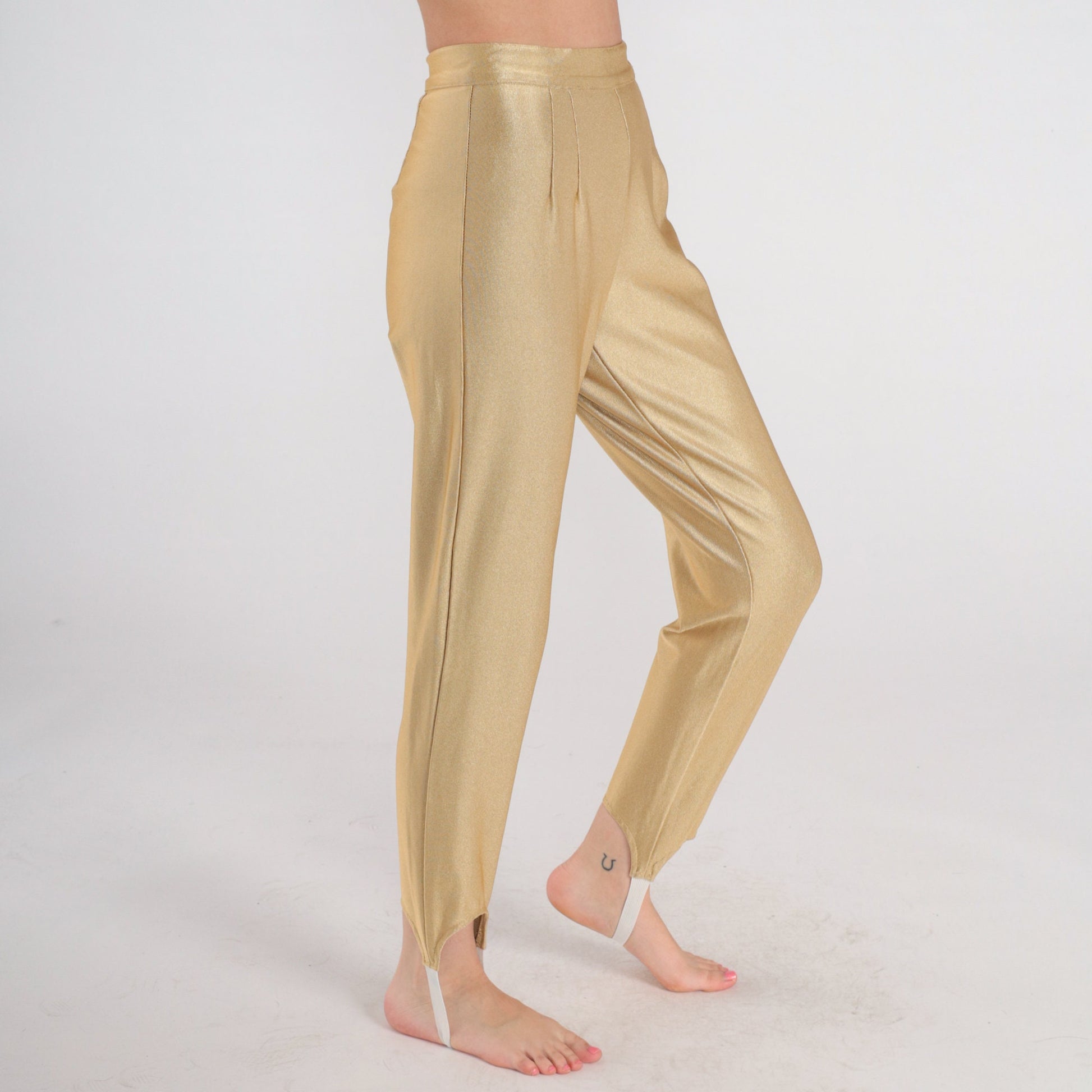 80s Gold Metallic Stirrup Pants High Waisted Tapered Trousers Extra Small