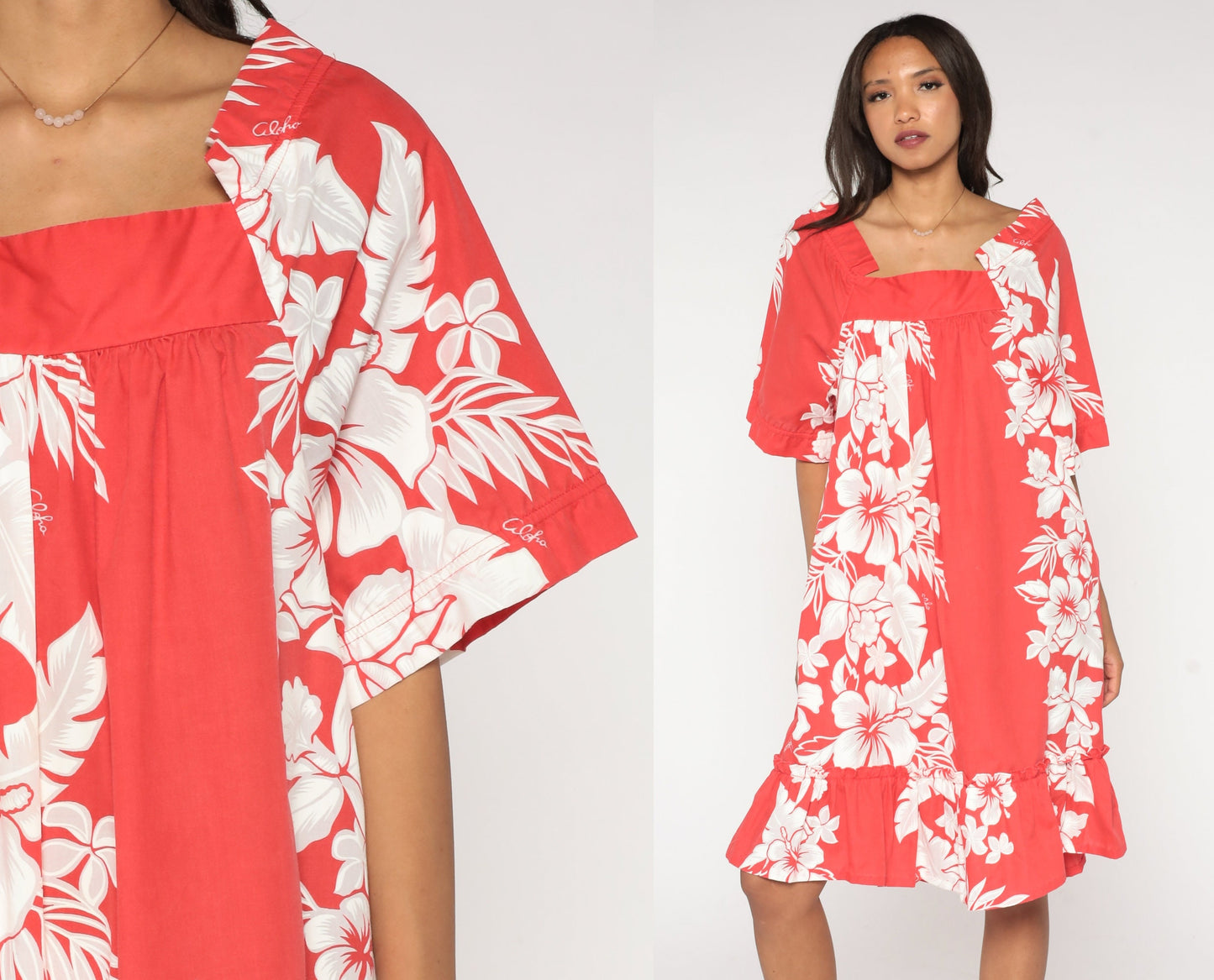 90s Hawaiian Floral Tent Dress Red Tropical Aloha Print Midi Medium