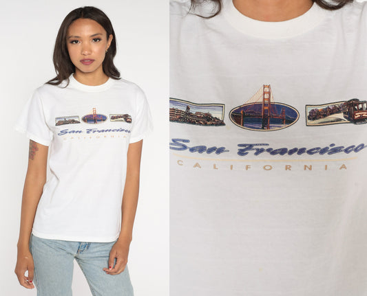 00s San Francisco Golden Gate Bridge Graphic T-Shirt White Cotton Small