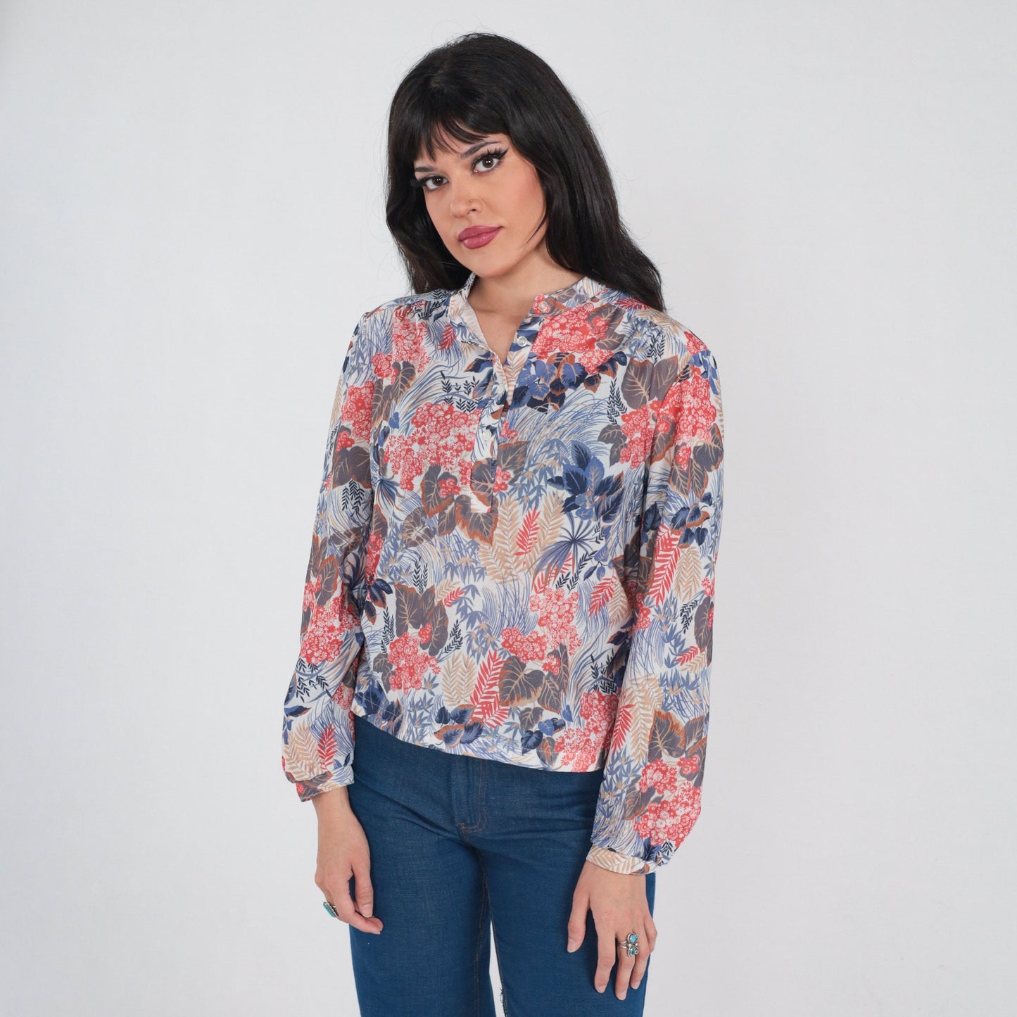 70s Floral Leaf Print Blouse Long Sleeve Half Button Up White Large