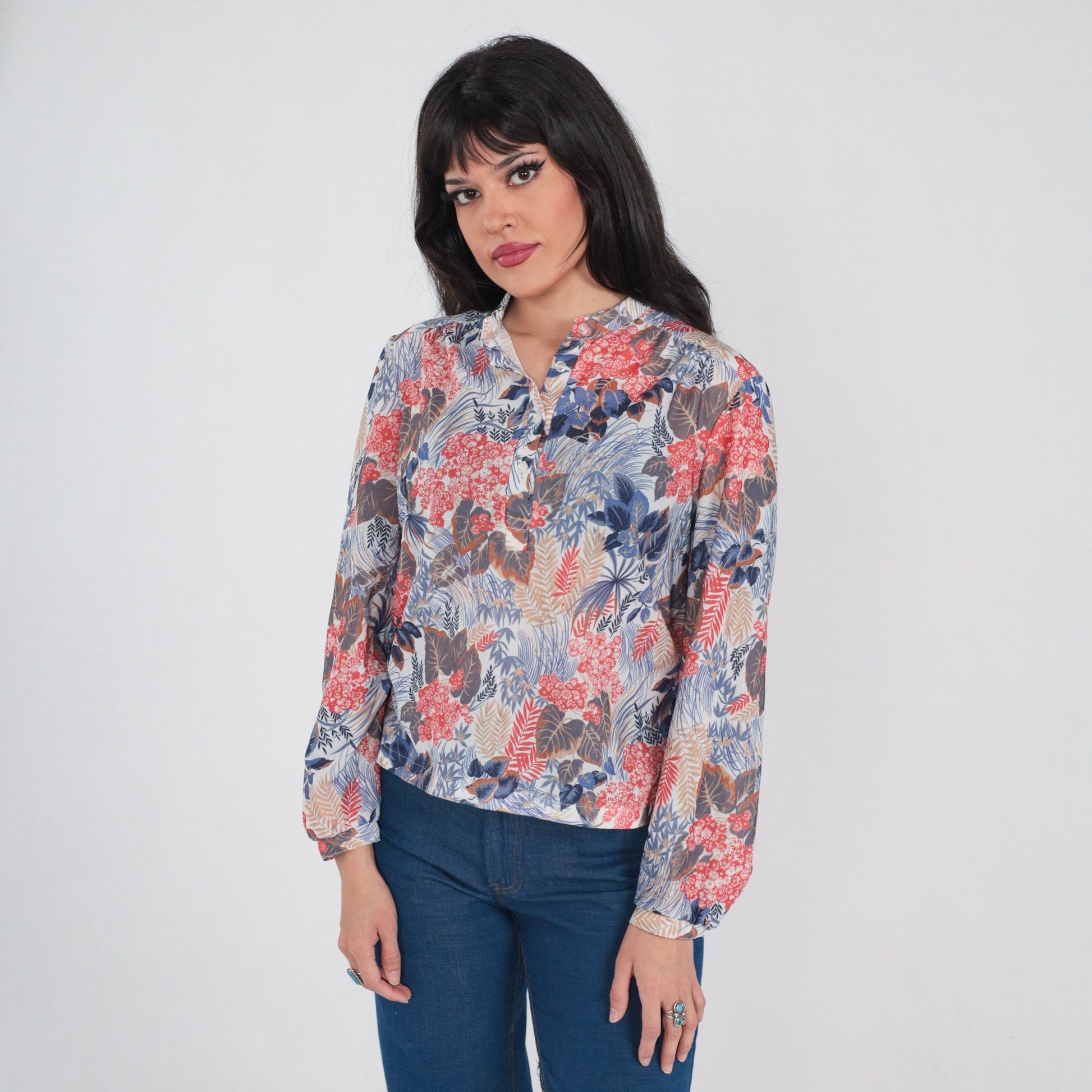 70s Floral Leaf Print Blouse Long Sleeve Half Button Up White Large
