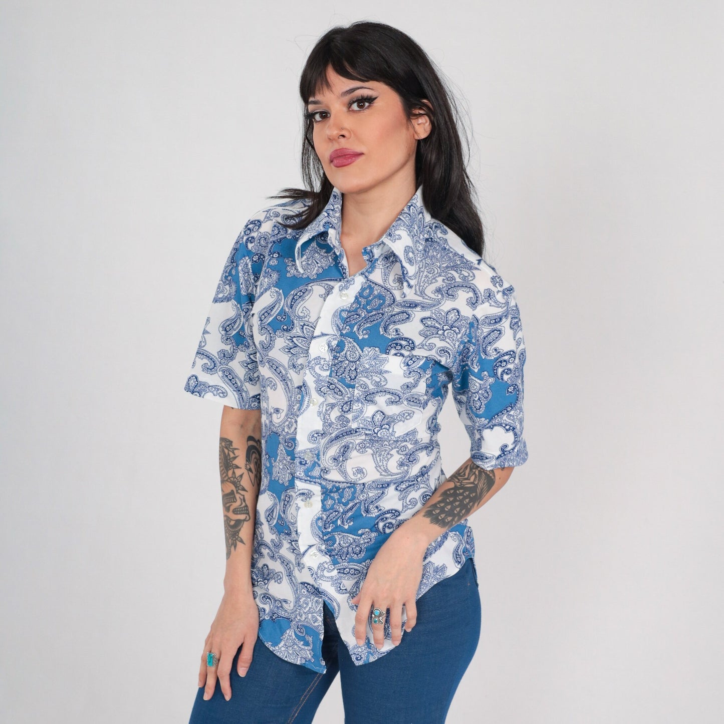 70s Paisley Button-Up Shirt White Blue Psychedelic Disco Collar Medium