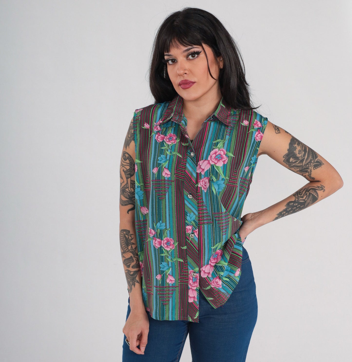 70s Striped Floral Button-Up Tank Top Collared Sleeveless Blouse Large