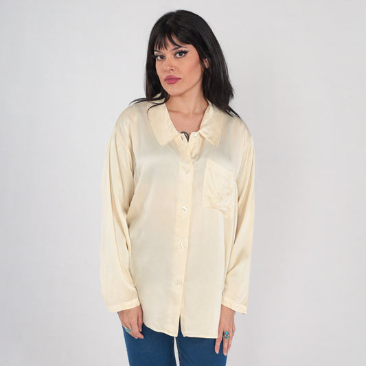 90s Cream Silk Blouse Floral Embroidered Button Up Long Sleeve Extra Large XL