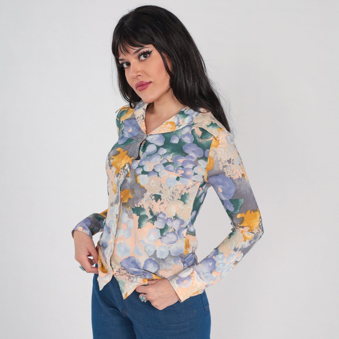 70s Watercolor Floral Button-Up Blouse Dagger Collar Long Sleeve Purple Green Extra Small