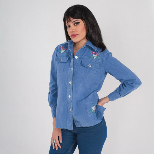70s Floral Embroidered Denim Shirt Blue Cotton Button-Up Small