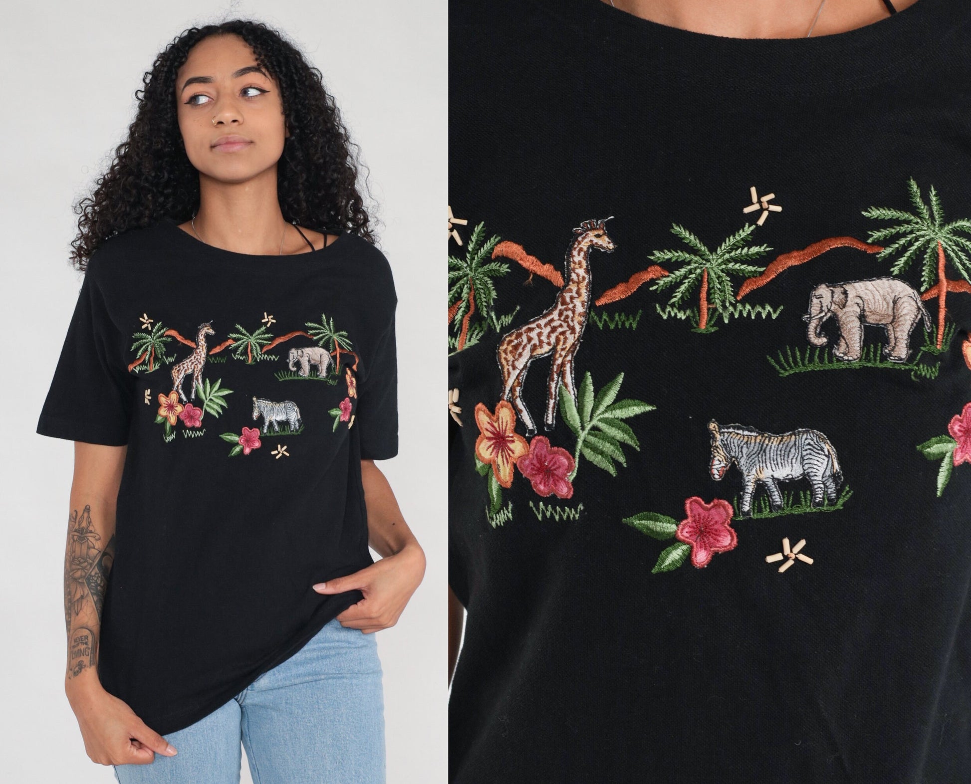 00s Safari Animal Embroidered T-Shirt Black Graphic Tee Small S