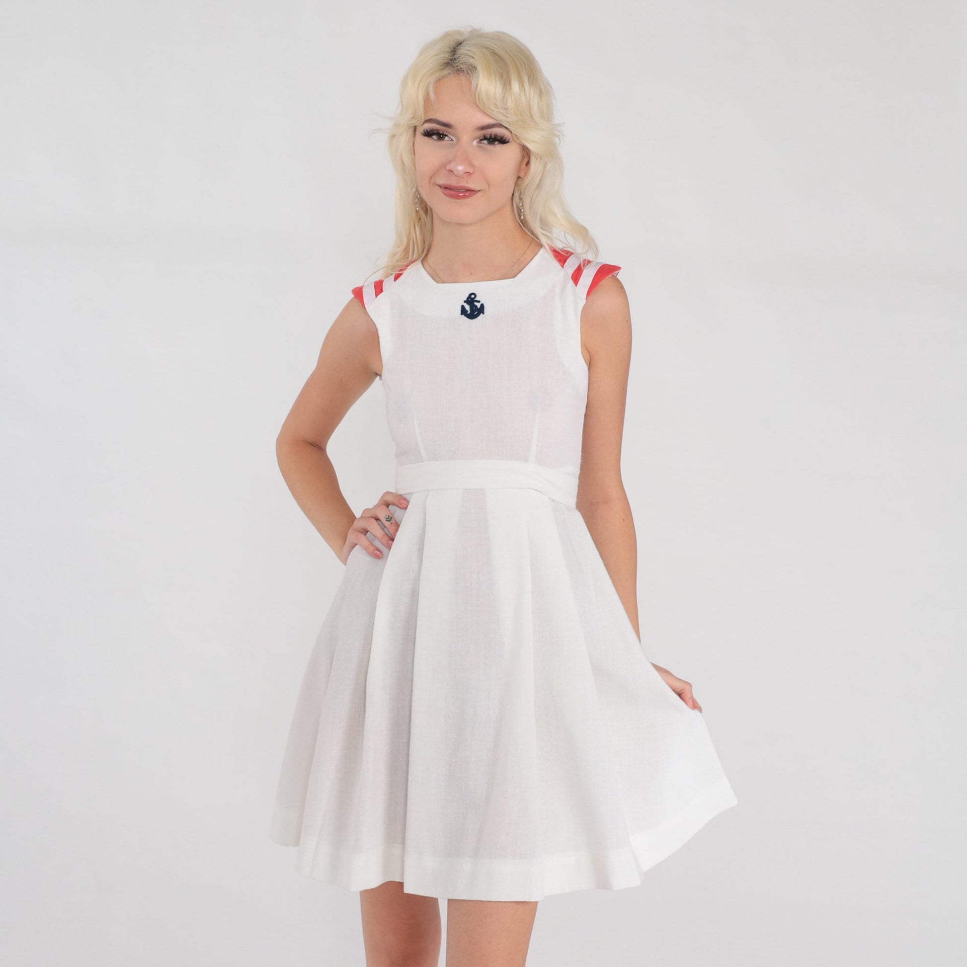 70s Nautical White Mini Dress Anchor Embroidered Red Striped Empire Waist XXS
