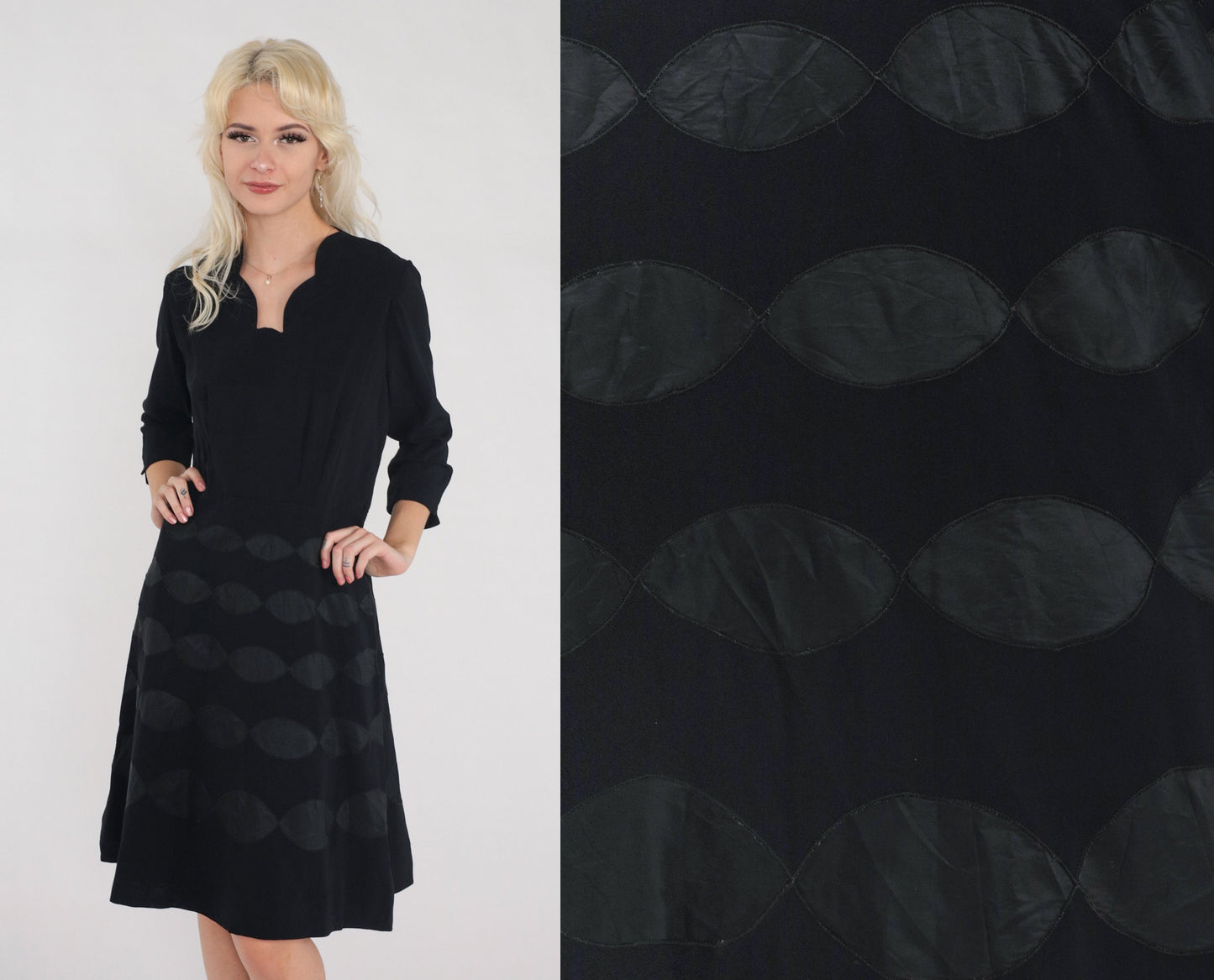 1940s Black Oval Dot Mini Dress High Waist Scalloped V-Neck 3/4 Sleeve Medium