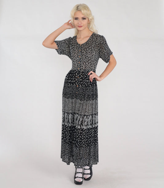 Y2K Black White Abstract Floral Maxi Dress Button Up Short Sleeve Small S