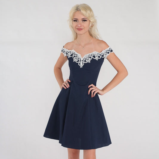 80s Gunne Sax Mini Dress Navy Floral Lace Off-Shoulder Fit Flare XXS