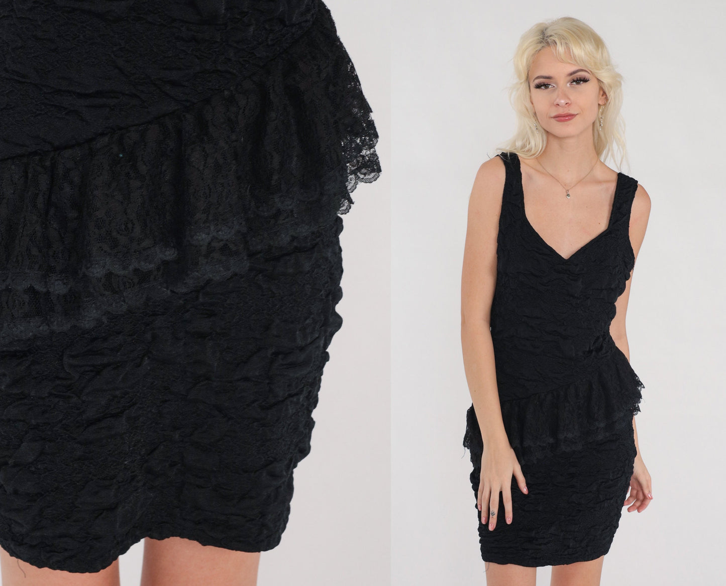 80s Black Peplum Mini Dress Asymmetrical Lace Sleeveless Small Medium