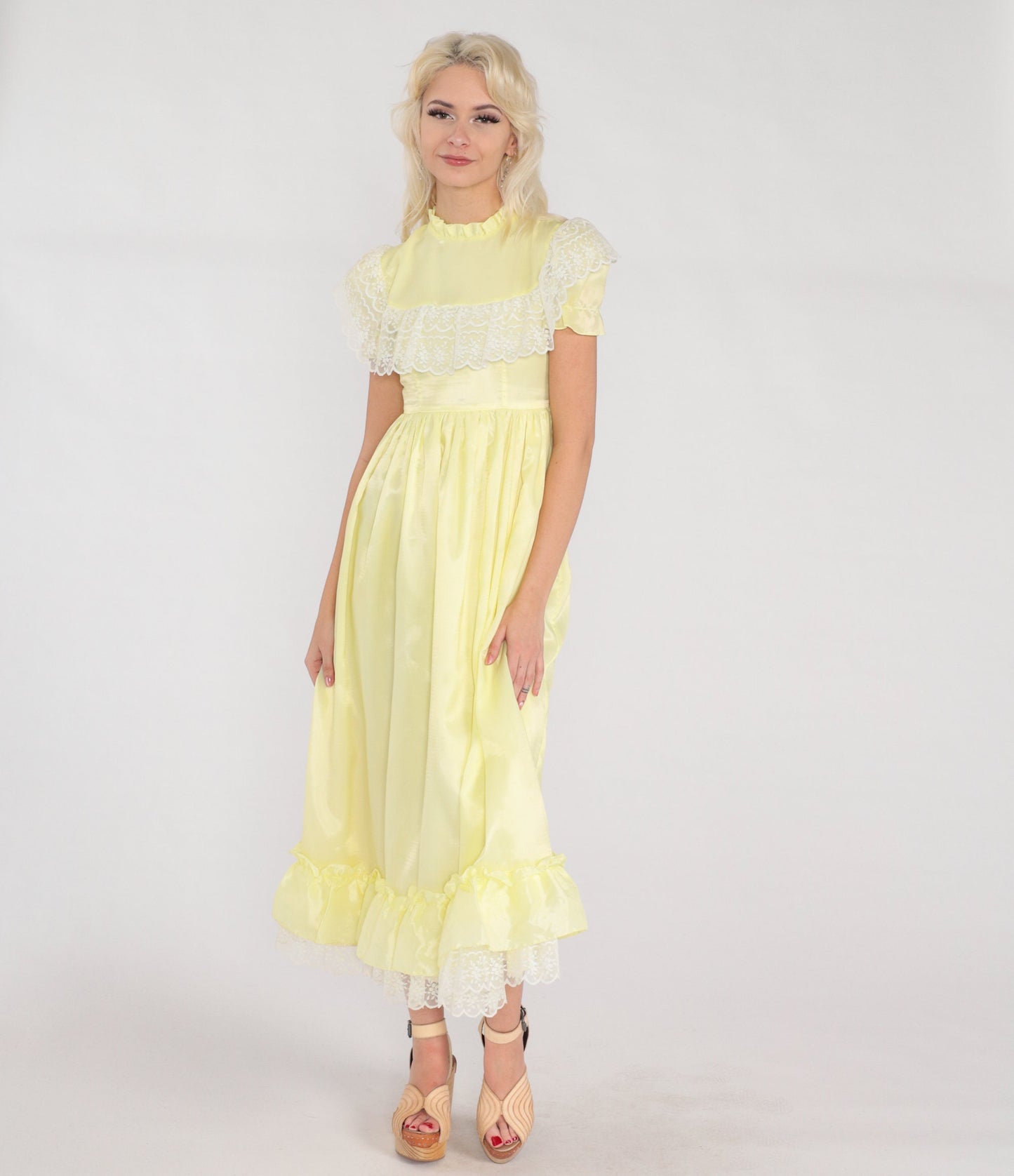 70s Yellow Midi Dress Lace Trim High Waist Puff Sleeve Ruffled Neck XXS