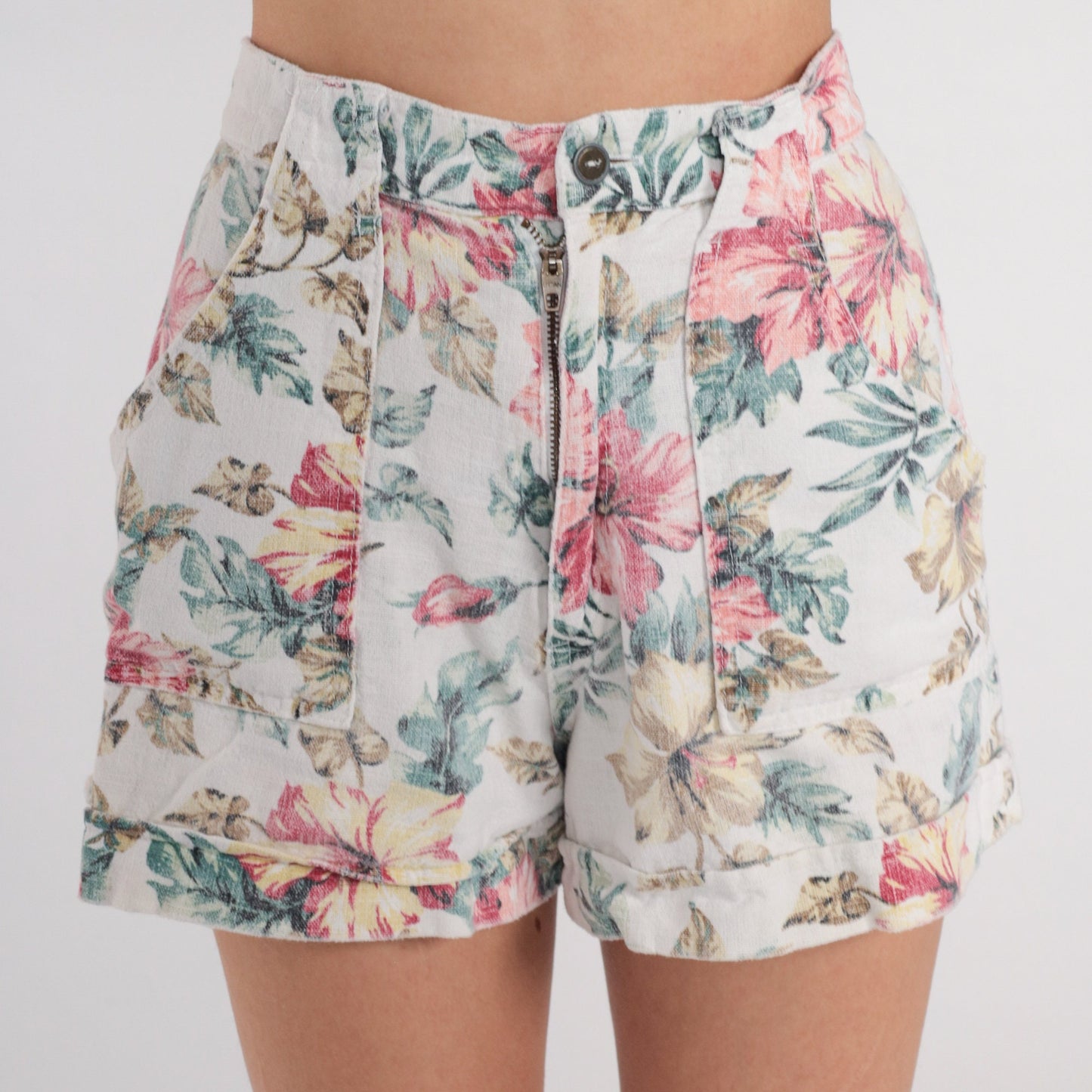 90s White Floral High-Waisted Shorts Cotton Linen Pockets Extra Small