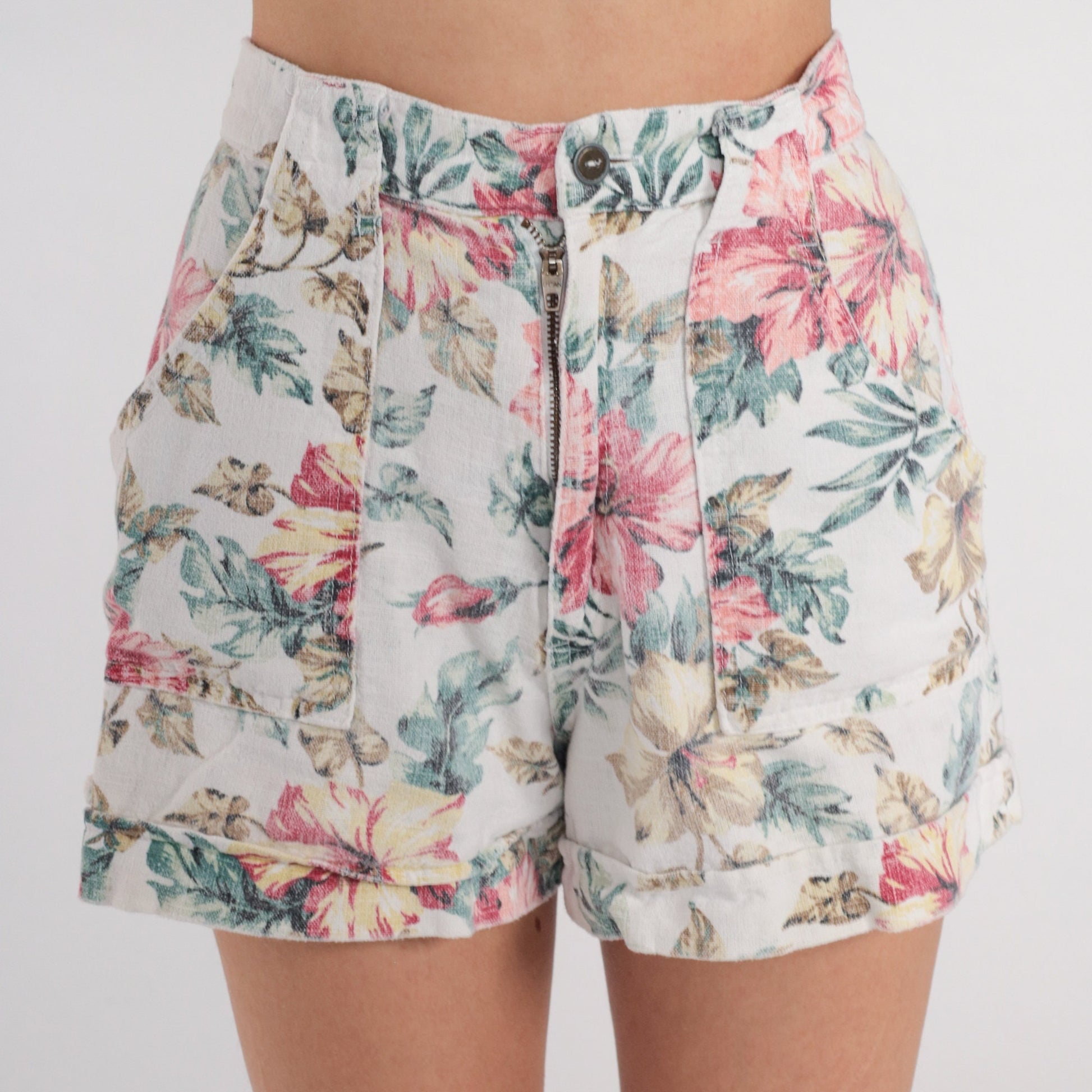 90s White Floral High-Waisted Shorts Cotton Linen Pockets Extra Small