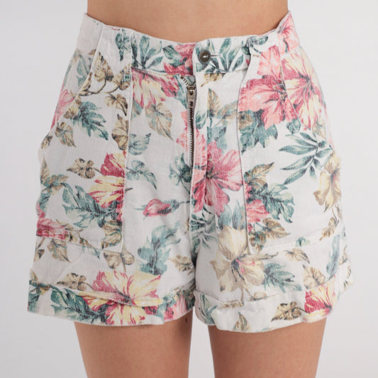 90s White Floral High-Waisted Shorts Cotton Linen Pockets Extra Small
