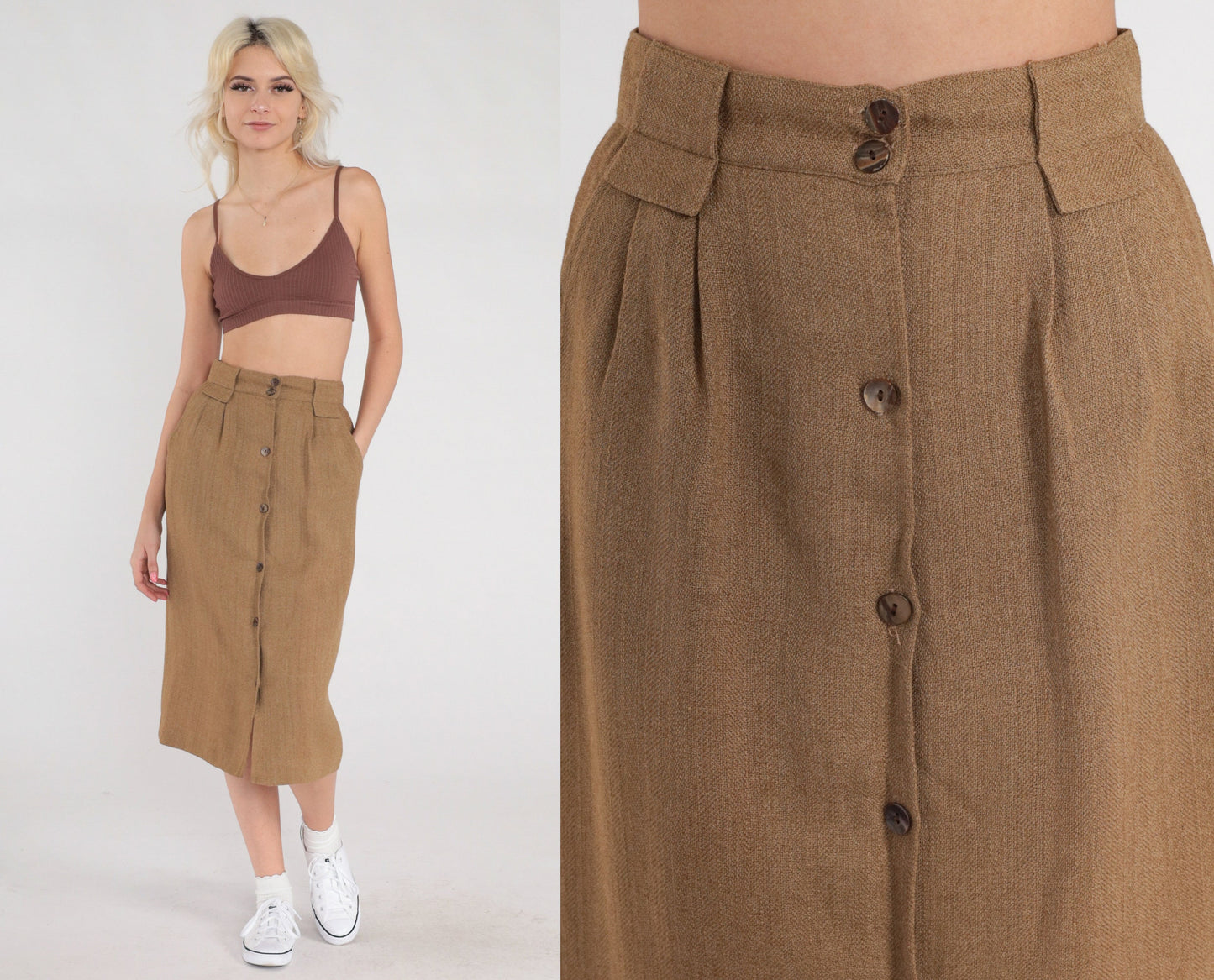 80s Brown Wool Midi Skirt High Waist Pleated Button Front Pockets Extra Small