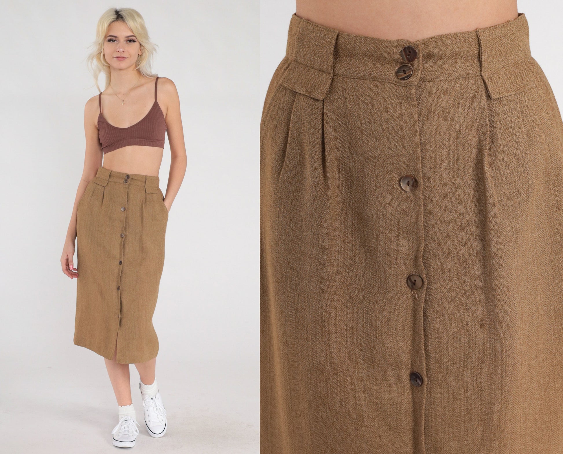 80s Brown Wool Midi Skirt High Waist Pleated Button Front Pockets Extra Small