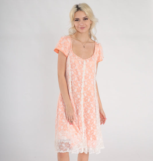 90s Peach Lace Dress White Floral Overlay Pearl Beaded Short Sleeve Knee Length Medium