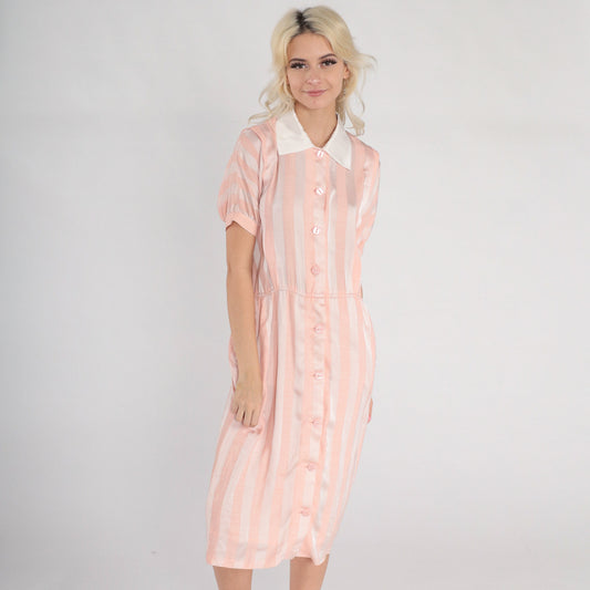 80s Pink White Striped Silk Midi Dress Collared Button-Up Short Sleeve Medium