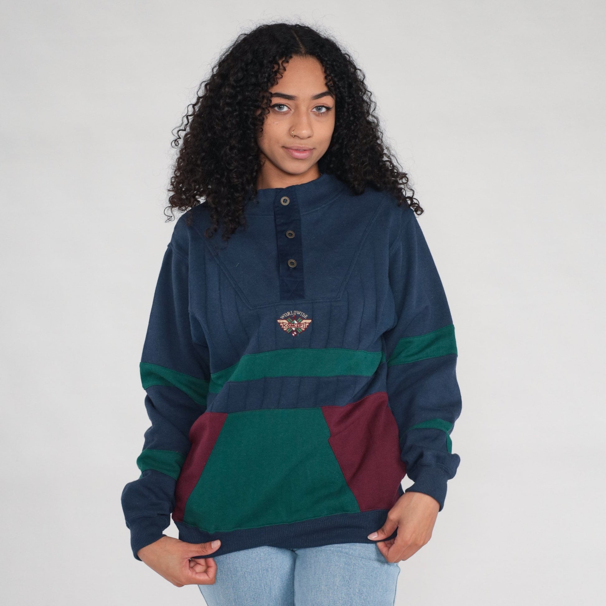 90s Saugatuck Dry Goods Color Block Sweatshirt Navy Green Striped Small