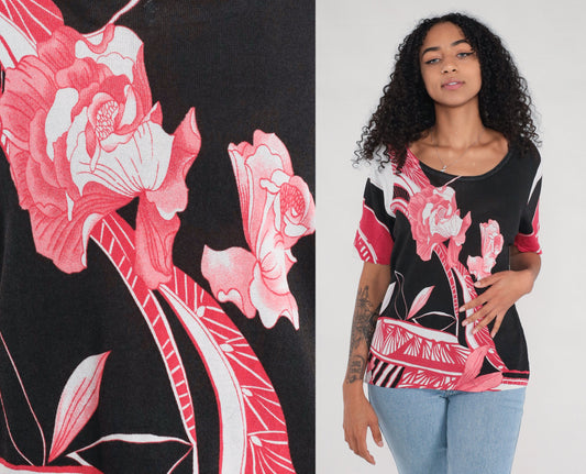 Y2K Floral Knit Shirt Black Pink Abstract Short Sleeve Extra Large