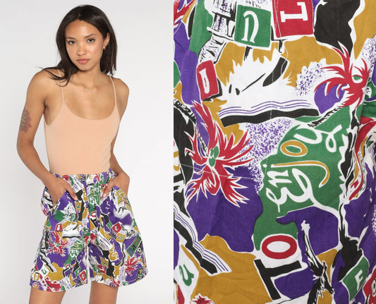 80s Tropical Print Shorts Purple High-Waist Elastic Waist Small Medium