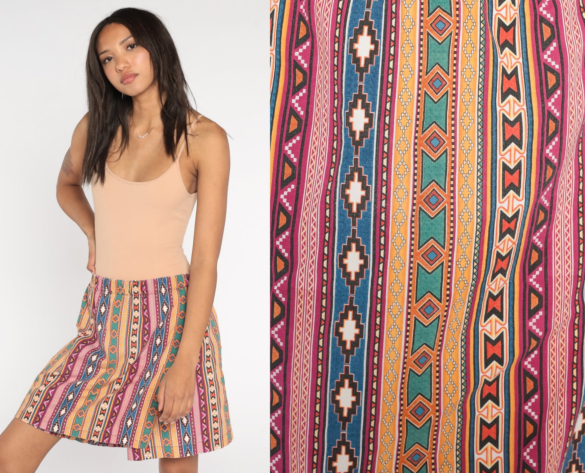 90s Southwestern Geometric Striped Mini Skort High Waisted Medium
