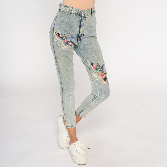 80s Acid Wash Beaded High-Waist Skinny Jeans Blue Denim Small