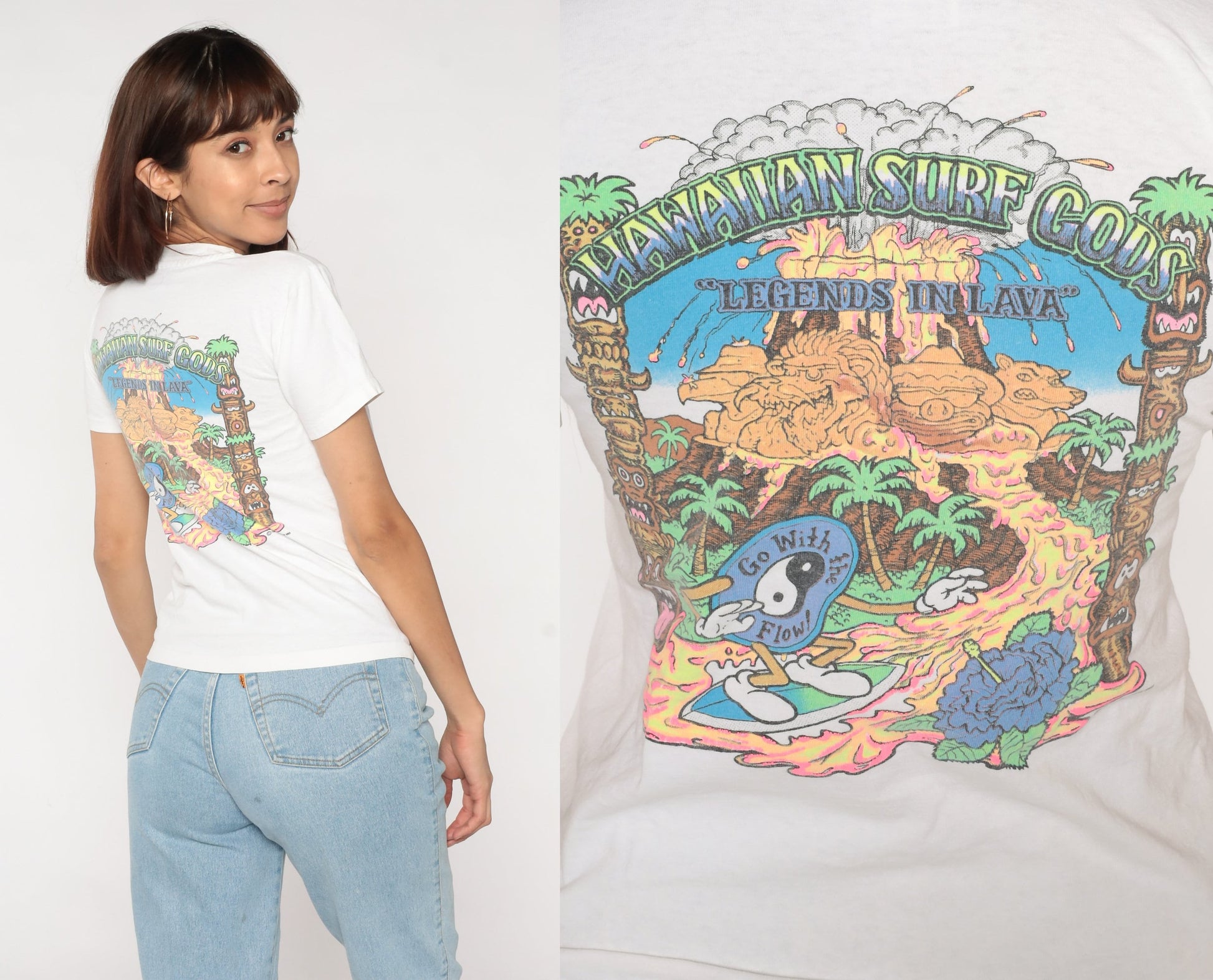 90s T&C Surf Designs Hawaiian Surf Gods Yin Yang Graphic Tee White Single Stitch XS