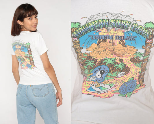 90s T&C Surf Designs Hawaiian Surf Gods Yin Yang Graphic Tee White Single Stitch XS
