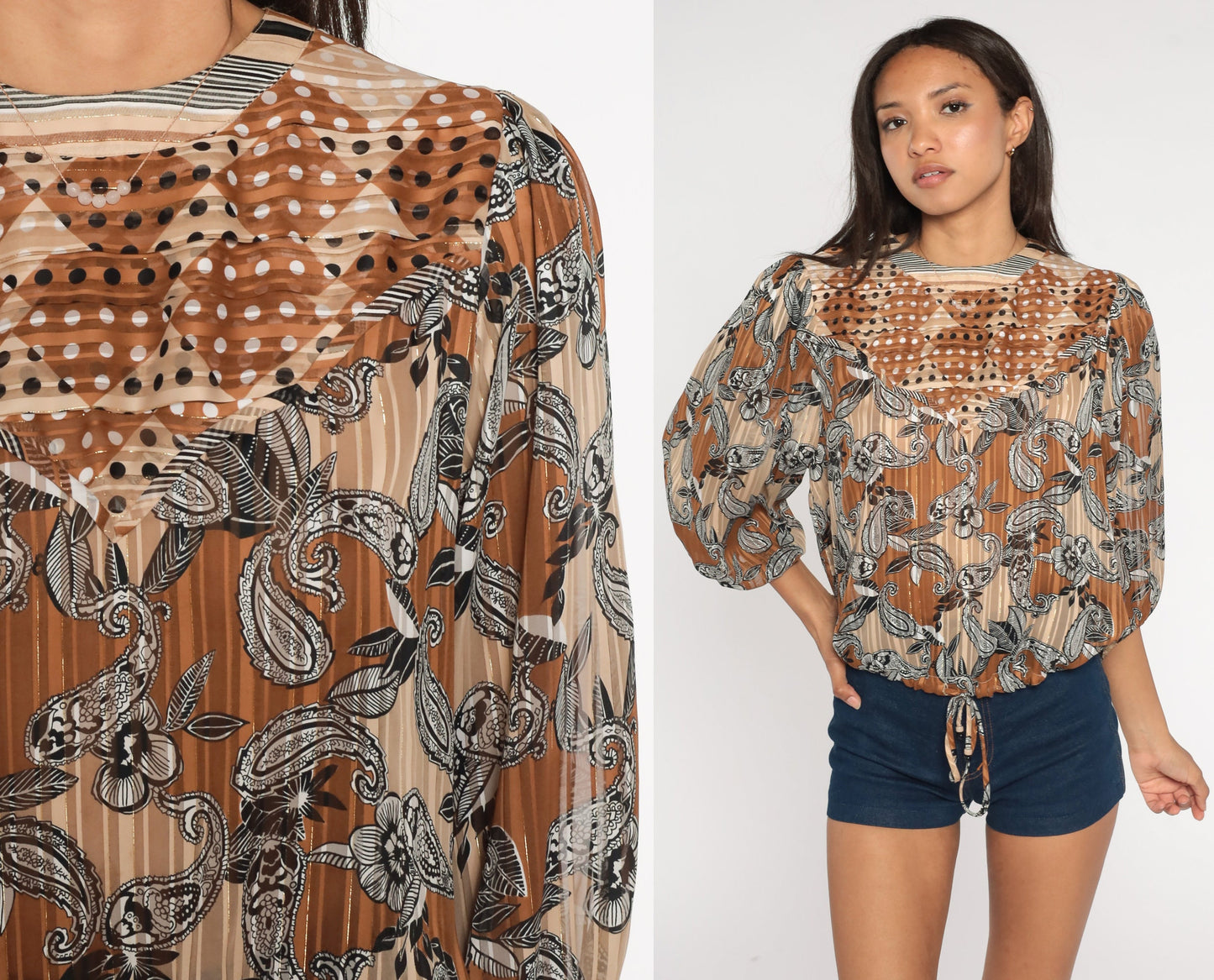 80s Diane Freis Paisley Floral Crop Top Puff Sleeve Blouse Brown Medium Large