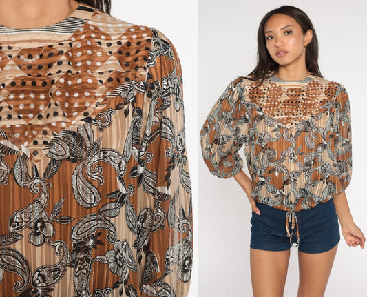 80s Diane Freis Paisley Floral Crop Top Puff Sleeve Blouse Brown Medium Large