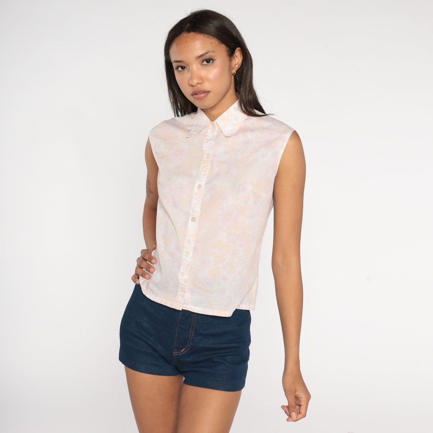 70s Floral Tank Top White Lavender Button-Up Sleeveless Blouse Small